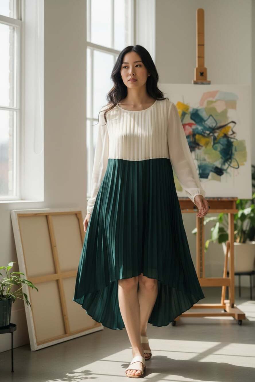 priina Colorblock Pleated High-Low Dress Size S